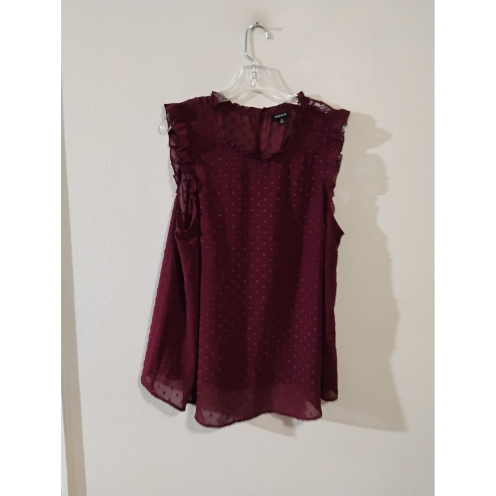 Torrid Burgundy Clip Dot Ruffle Sleeveless Blouse Top Size 2 Plus Wine Sheer